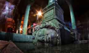 Subterranean water supply (cistern), Istanbul. Ancient rainwater harvesting sometimes included highly decorative cisterns, further demonstrating the importance of the element to human life. 