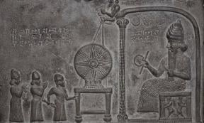Tablet sculptured with a scene representing the worship of the Mesopotamia Sun-god in the Temple of Sippar.