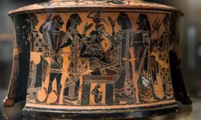 Illustration of the birth of Athena from Zeus’ head, 570-560 BC, decorating a pyxis (ancient Greek jewelry box).