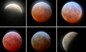 Multiple phases of a lunar eclipse and blood moon.