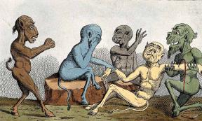 The bloodletting of a patient by a surgeon with three dismayed onlookers; represented by five faun-like demons. Source: Wellcome Images / CC BY 4.0