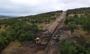 Aerial photo of the excavation site on the terrace where the ancient Roman village was constructed.
