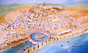 Modern reconstruction of Punic Carthage. The circular harbor at the front is the Cothon, the military port of Carthage, where all of Carthage's warships were anchored.