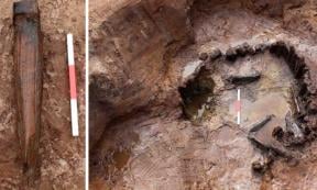 The chariot axle and the Iron Age pit in which it was found. Source: Cotswold Archaeology
