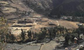 The site of Chavin de Huantar in modern-day Peru, which includes several monumental buildings overseeing a large plaza at an elevation of 10,000 feet (3,000 meters).