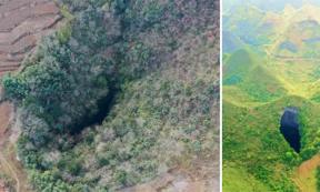 Right; China sinkhole forests show biodiversity in Hanzhong. Right Sinkhole examined in 2022. 	 Source: Left; Charlie fong/CC BY-SA 4.0, Right; Zhou Hua / Xinhua