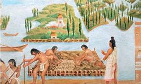 An artist’s depiction of the chinampas. Source: Archeomaps