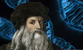 A representation of Leonardo da Vinci. (Deriv.) Background: Structure of DNA.