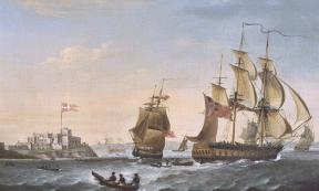 Danish ships sailing in and out of Fort Christiansborg, the largest Danish colonial settlement in Ghana and the major Danish port supporting the Trans-Atlantic slave trade (painting by George Webster, 1806).