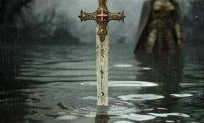 Artistic recreation of the legendary sword Excalibur coming out lake, generated by AI.	Source: Manuel Mata/Adobe Stock