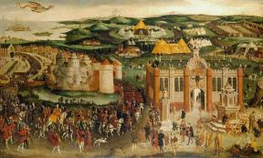 The Field of the Cloth of Gold, oil painting from 1545 in the Royal Collection at Hampton Court. Henry VIII on horseback approaches at bottom left for summit meeting with Francis I of France in 1520.