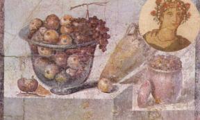 ‘Still life with glass bowl of fruit and vases’ by a Pompeian painter in 70 AD, Museo Archeologico Nazionale, Naples, Italy. Insert: Mosaic depicting a man labelled as the gourmand Marcus Gavius Apicius. 