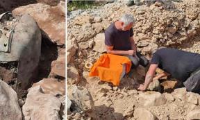 left; the recently excavated Greek-Illyrian helmet, Right; archaeologists extracting the helmet at the site. Source: Dubrovnik Museums