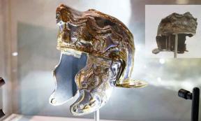 Replica of the Hallaton Helmet. The original is set to be displayed at the Harborough Museum in Leicestershire, UK.	(Inset; the original helmet) Source: Harborough Museum (Inset; CC BY 2.0)