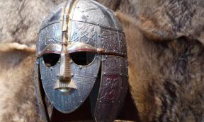 A reproduction of the Sutton Hoo Helmet rebuilt from the fragments found in mound 1 in 1949.