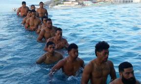 Tongan warriors or Tongan athletes getting ready to play kasivaki underwater rugby in Tonga.		Source: Tonga Rugby Union