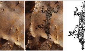 Anthropomorph in regalia (1.81 meters or 5.9 feet high) from 19th Unnamed Cave, which is now the largest Native American cave art site in southeastern North America.		Source: Photograph by S. Alvarez; illustration by J. Simek / Antiquity Publications Ltd.