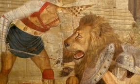 Painting of gladiator vs. lion combat in the Roman Colosseum.