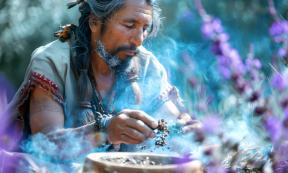 AI image of male shaman using herbal medicine for spiritual healing and sacred rituals.