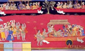 Pushpaka vimana depicted three times, twice flying in the sky and once landed on the ground.(Public Domain)