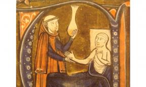Illustration of a monk tending to a sick patient.