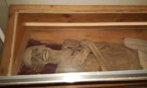 The mummy of the 'air-dried chaplain' in his coffin in the church crypt of St. Thomas am Blasenstein, Austria.