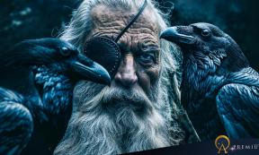 Odin with his two ravens, Huginn and Munninn.