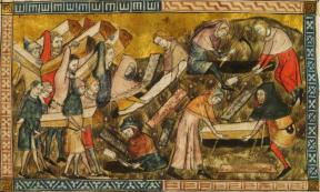  Painting by Pierart dou Tielt (1353) showing family members of plague victims burying the coffins of their loved ones, including their children.