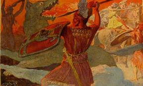 A scene from Ragnarök, the final battle between Odin and Fenrir and Freyr and Surtr, painting by Emil Doepler.