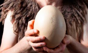 Prehistoric man holding an ostrich egg. Public domain.
