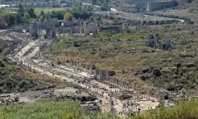 Aerial view of the ancient Roman ruins of the Anatolian city of Perge in modern-day Turkey.