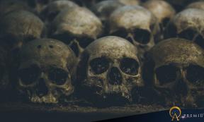 AI image of skulls in a catacomb.