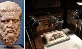 Left; Bust of Greek Philosopher Plato. Right; the carbonized Herculaneum papyri being studied.	Source: Left; CC BY-SA 4.0, Right; Consiglio Nazionale delle Ricerche