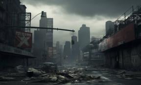 AI image of a future world city, abandoned and destitute and empty of people. 