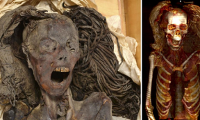 Left; The Screaming Woman mummy, Right; CT scan of the Screaming Woman mummy, wearing her wig.