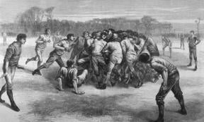  19th century soccer match between England and Scotland, with the ball believed to be hidden somewhere in the middle of the mass of men. From the Illustrated London News, 1871