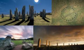 Four famous stone circles in the British Isles: Callanish Standing Stones (Fredy Jeanrenaud /Adobe Stock), Merry Maidens in Cornwall (Newlands Aerial /Adobe Stock), Castlerigg (Y. Jorzik-Brzelinski /Adobe Stock), and the Ring of Brodgar. (David Woods /Adobe Stock)