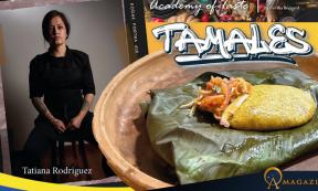Composite image showing Tatiana Rodríguez from La Chichería in Cuenca, Ecuador, and images from her recipe for Tamales taken by Cecilia Bogaard.