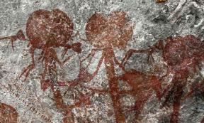 A trio of anthropomorphic figures from the Tanzanian cave art at the Amakhee 4 site. 