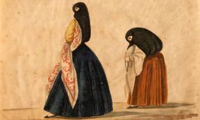 Lady and duenna, wearing their tapada limeña, going to church, by Pancho Fierro. Source: Public domain