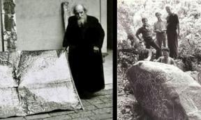 Left: Father Crespi with a metallic artifact at the church of Maria Auxiliadora. Right: Nivello, Hall, Moricz, Pena & Punin 1975.