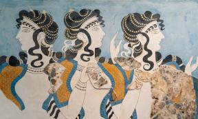 "Ladies in Blue" fresco at Knossos Palace, Minoan archaeological site in Crete, Greece. 