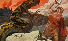 The Norse god Thor battles the Midgard serpent at the end of time, as foretold in Norse mythology (illustration by Emil Doepler from around 1905).
