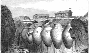 Drawing of several large vessels discovered during excavations in Troy by Heinrich Schliemann in 1880, which he deduced would have been used to hold wine.
