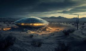 AI image of desert landscape outside Roswell at dusk, with low rolling hills and a UFO spacecraft partially buried in sand and surrounded by metallic debris.