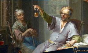 A Medieval Doctor examining a bottle filled with a liquid