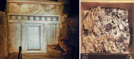 Left; Facade of Tomb II in Vergina, Greece.	Right; Bones and textile fragments from the tomb