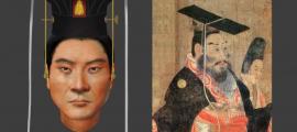 Not quite like the painting: the reconstructed face of Chinese Emperor Wu using DNA extracted from his remains, and the portrait of Emperor Wudi in the Thirteen Emperors Scroll. Source: Pianpian Wei / Current Biology.