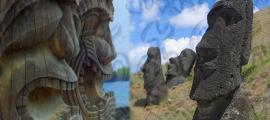 Deriv; Hawaiian Tiki carvings and Easter Island statues with Rongorongo script 