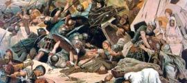 The last battle of the Ostrogoths and the end of their influence was fought on the slopes of Mount Vesuvius in the Battle of Mons Lactarius. Painting from 1890, by Alexander Zick.  Source: Captain Blood/ Public domain